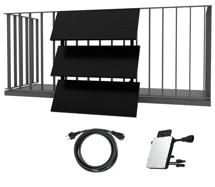 Welcher Wechselrichter für Balkonkraftwerk - Ein Balkonkraftwerk von MOE mit Anschlusskabel und einem Hoymiles Wechselrichter