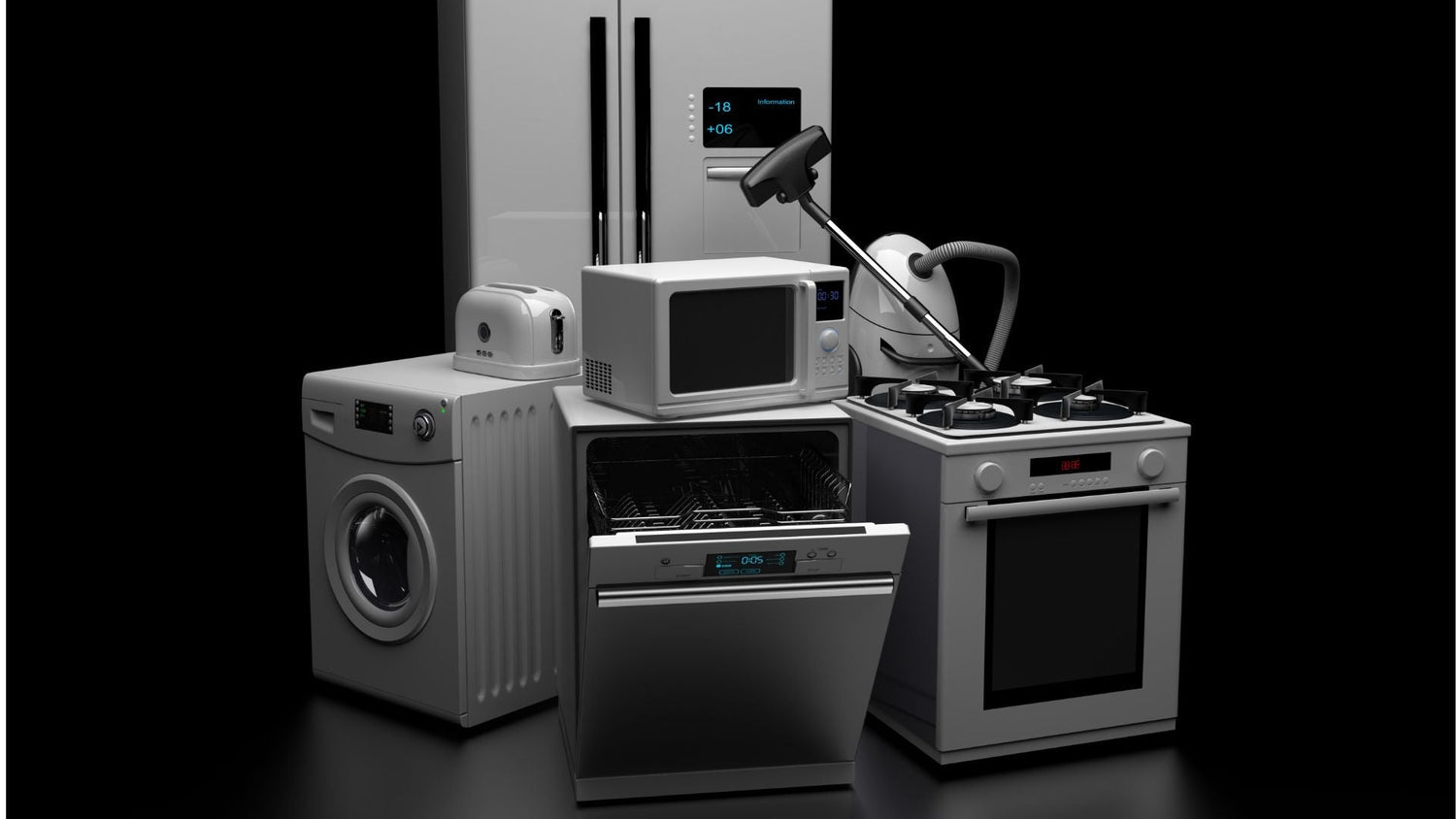 Was kann ich mit einem Balkonkraftwerk betreiben? - Titelbild. Typische Haushaltsgeräte wie Waschmaschine, Spülmaschine und Kühlschrank – mit einem Balkonkraftwerk teilweise mit Solarstrom betreibbar.