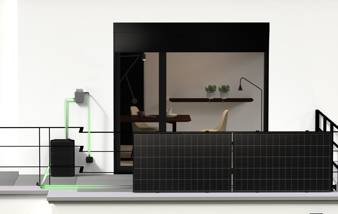 Wie funktioniert ein Balkonkraftwerk Titelbild. Visualisierung eines Hauses mit Balkonkraftwerk am Geländer und Solarmodulen auf dem Dach. Grüne Linien zeigen den Stromfluss ins Hausnetz und veranschaulichen die Funktionsweise.